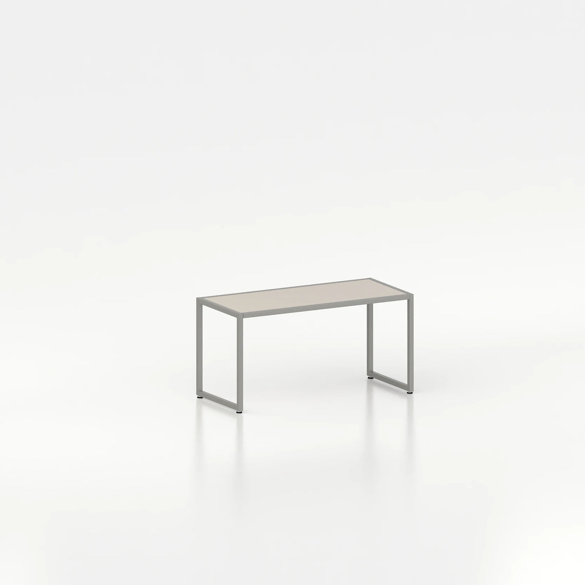 Banc d'exposition d'agencement avec cadre en acier — plateau bois beige et structure coloris gris