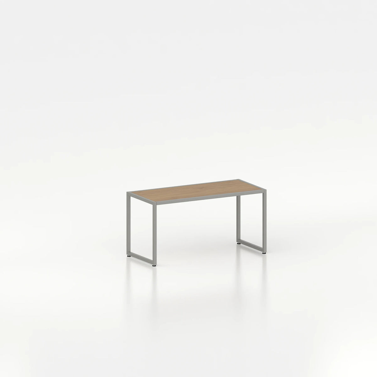 Banc d'exposition d'agencement avec cadre en acier — plateau bois chêne clair et structure coloris gris