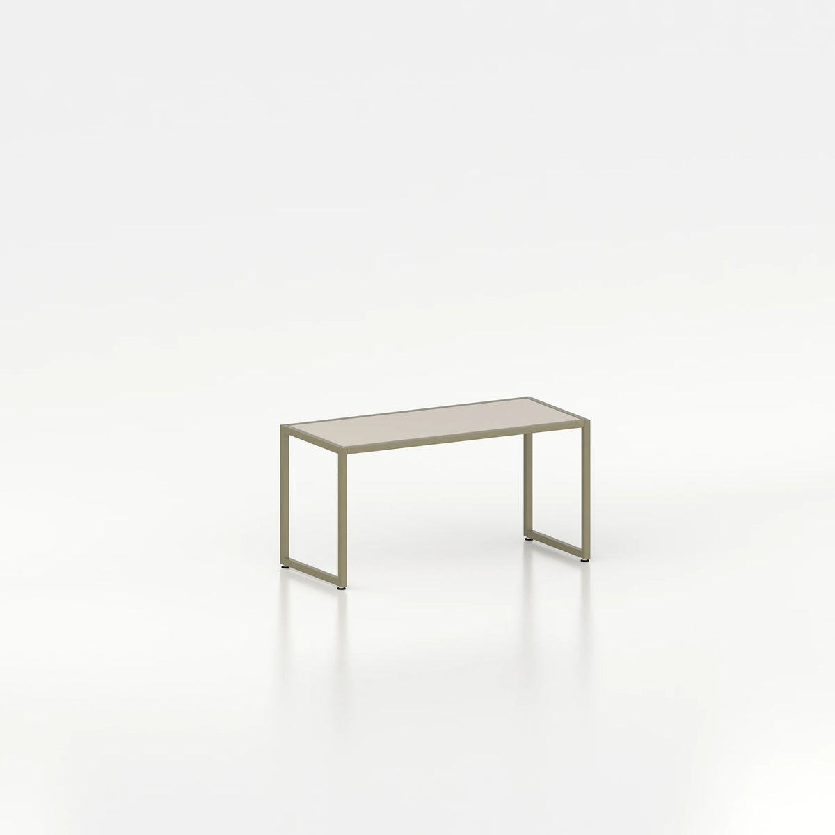 Banc d'exposition d'agencement avec cadre en acier — plateau bois beige et structure coloris vert