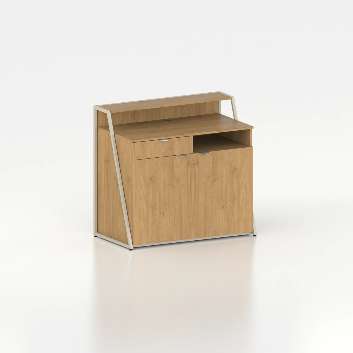 Comptoir de caisse d'agencement vue arrière — plateau bois chêne clair et structure acier beige