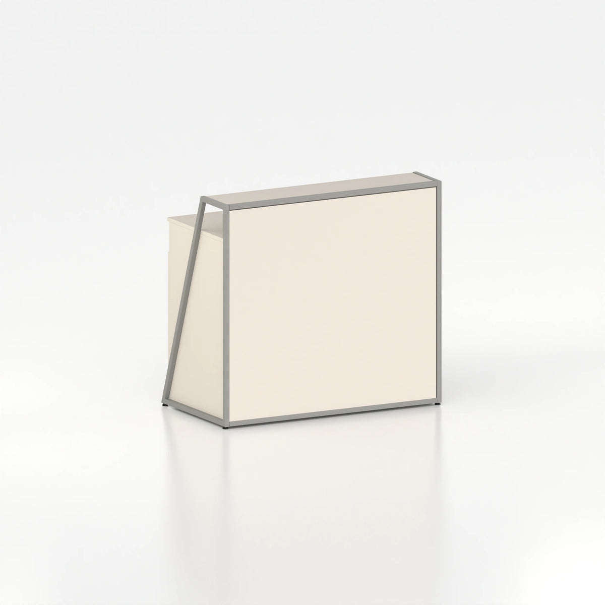 Comptoir de caisse d'agencement — plateau bois beige et structure acier gris