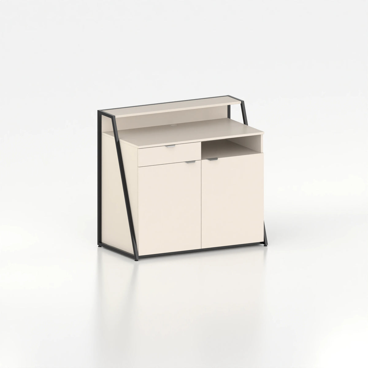 Comptoir de caisse d'agencement vue arrière — plateau bois beige et structure acier noir
