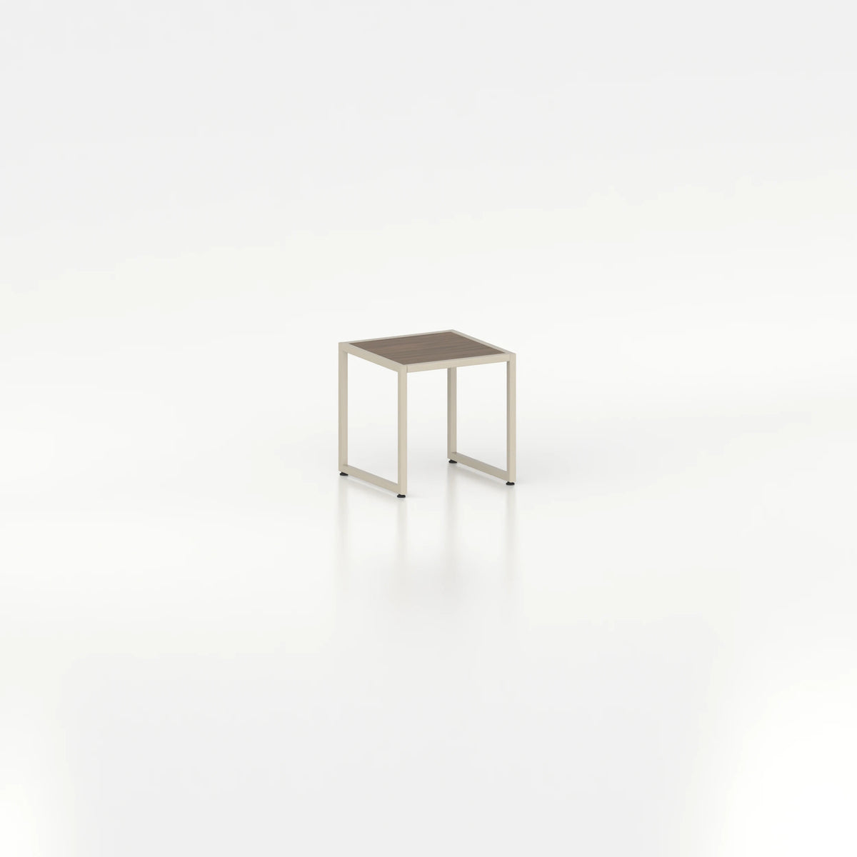 Cube d'exposition d'agencement — plateau bois chêne foncé et structure acier beige