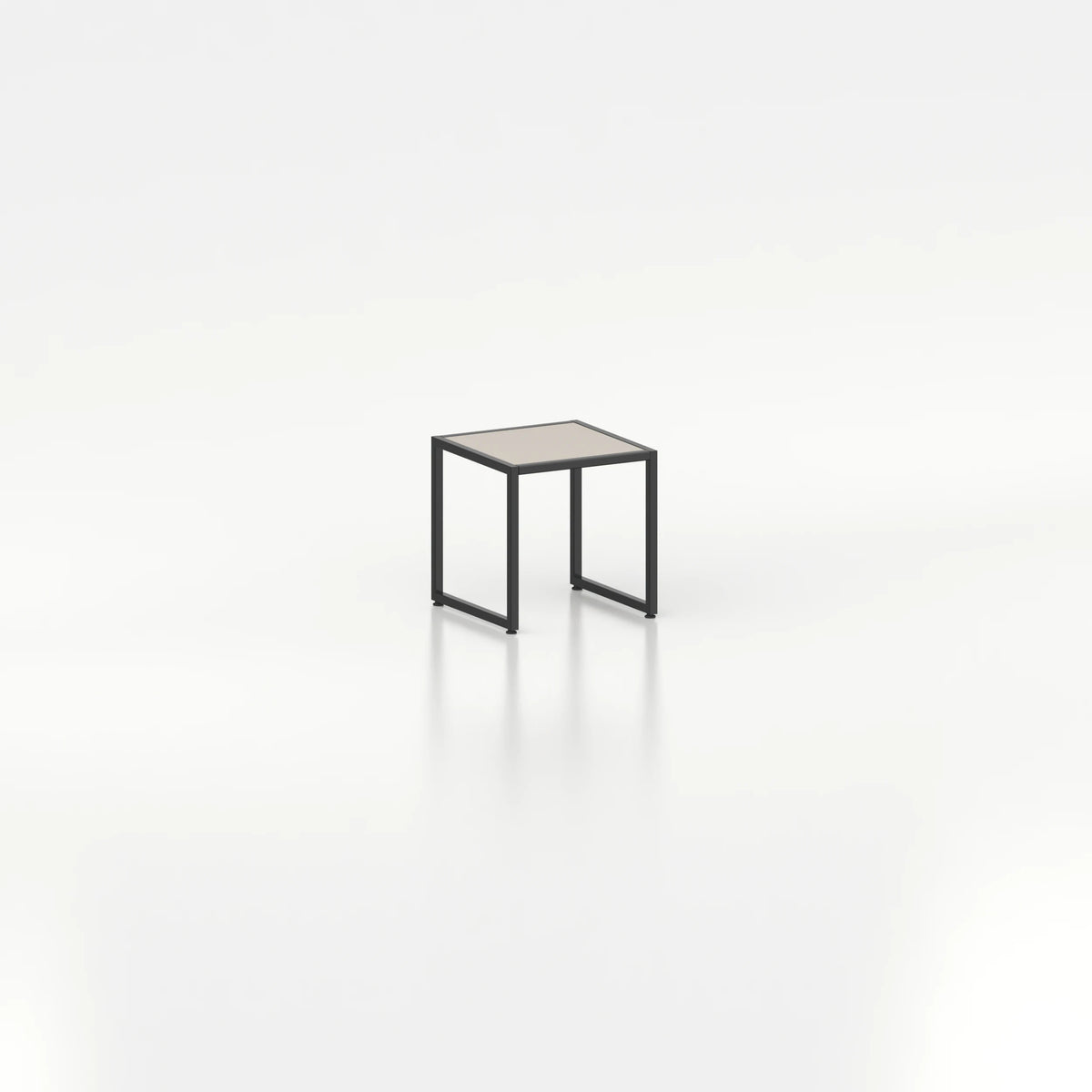Cube d'exposition d'agencement — plateau bois beige et structure acier noir