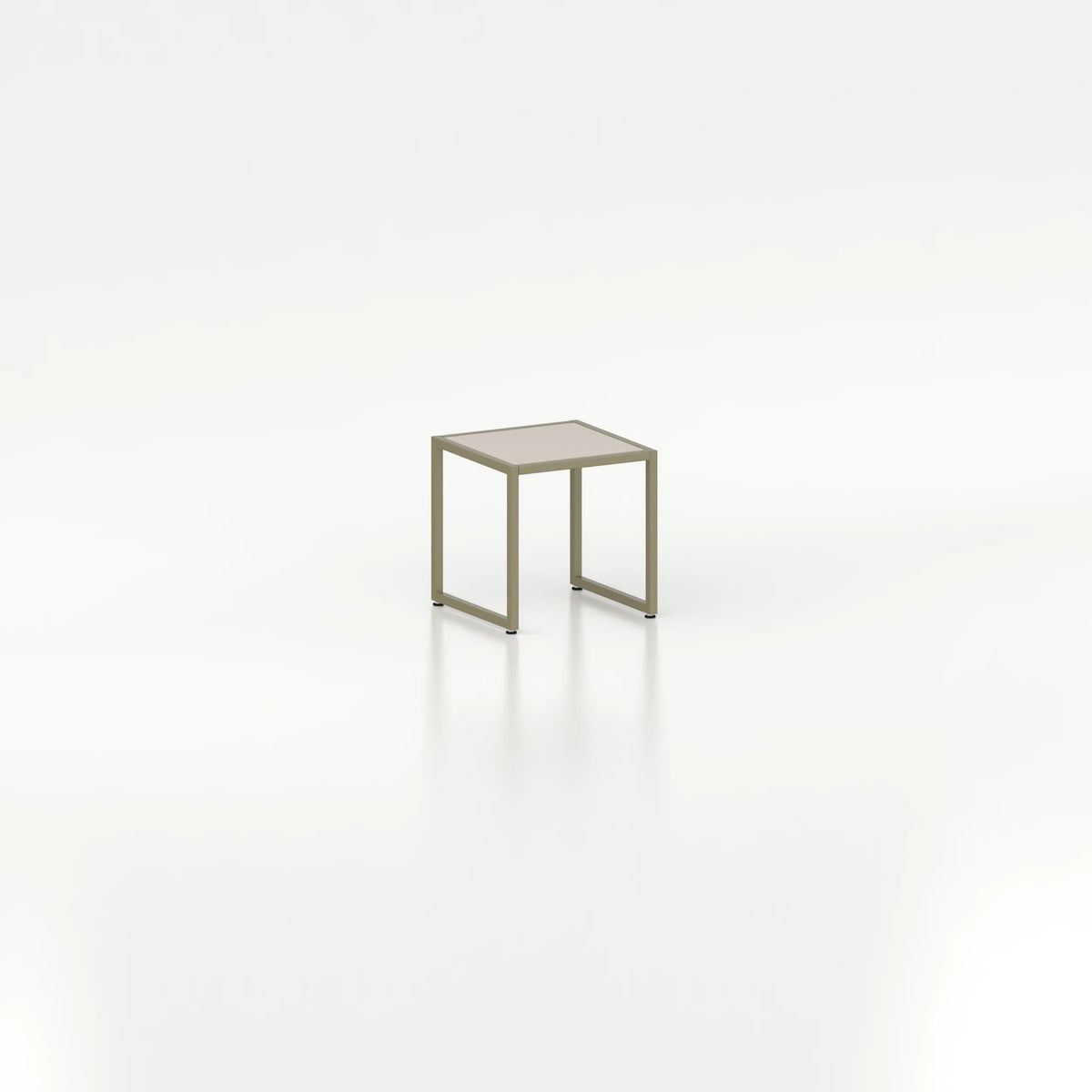 Cube d'exposition d'agencement — plateau bois beige et structure acier vert
