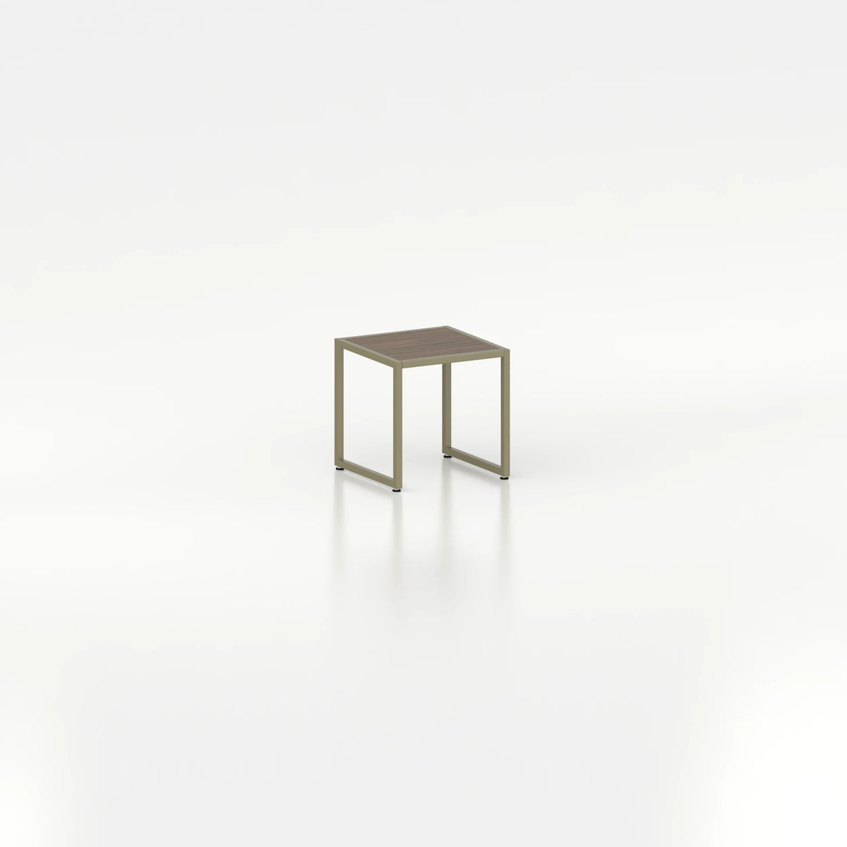 Cube d'exposition d'agencement — plateau bois chêne foncé et structure acier vert