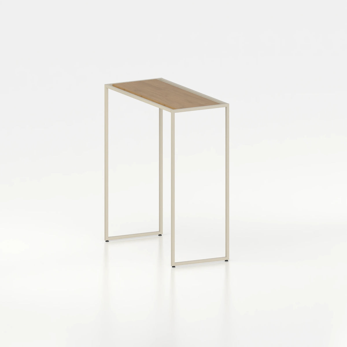 Double penderie pour îlot central boutique textile — plateau bois chêne clair et structure acier beige