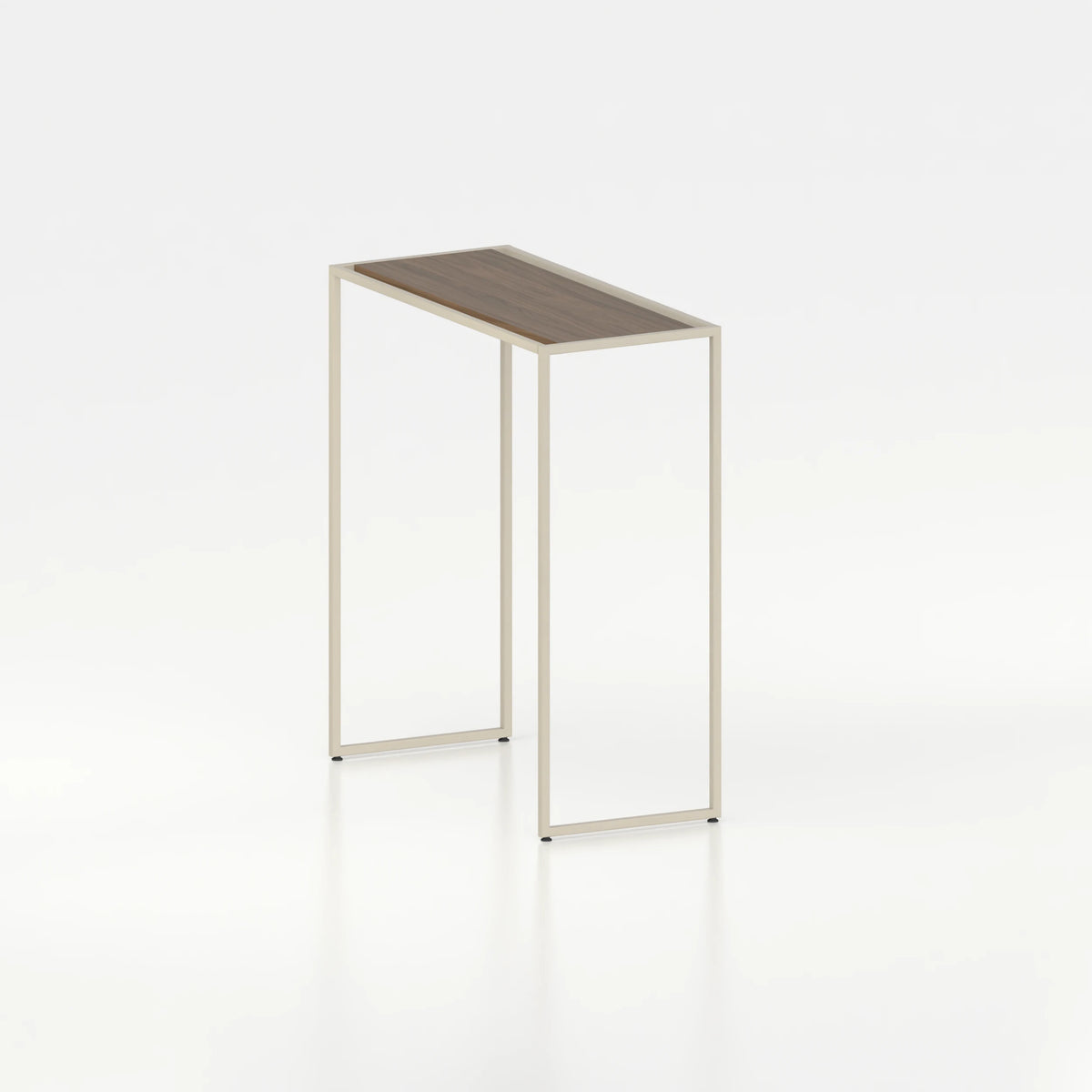 Double penderie pour îlot central boutique textile — plateau bois chêne foncé et structure acier beige