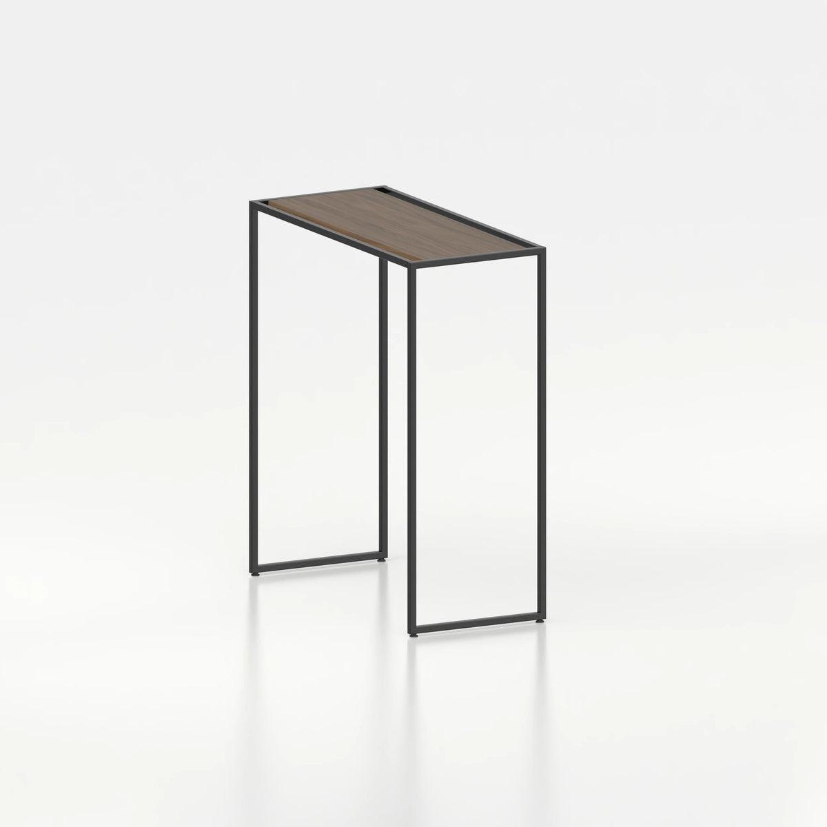 Double penderie pour îlot central boutique textile — plateau bois chêne foncé et structure acier noir