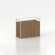 Meuble comptoir vitrine placard plateau verre cadre acier bois magasin — bois chêne foncé et coloris beige