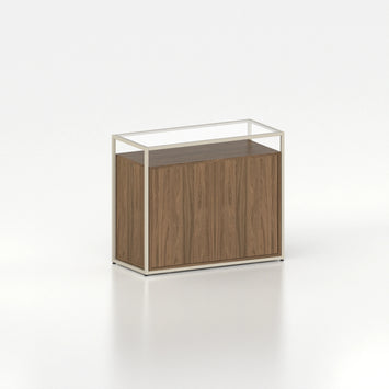 Meuble comptoir vitrine placard plateau verre cadre acier bois magasin — bois chêne foncé et coloris beige