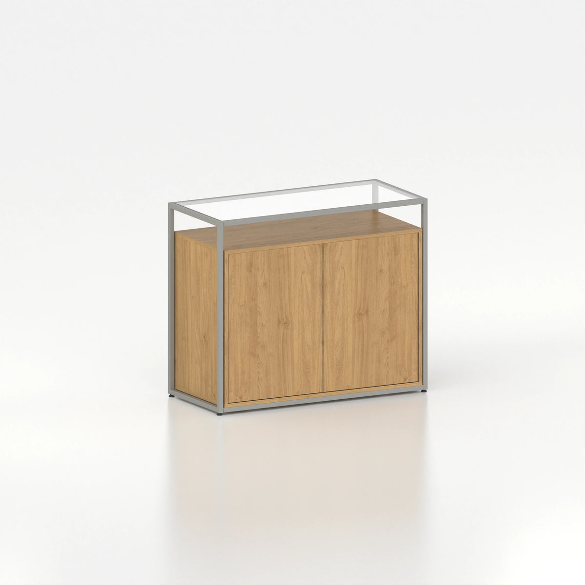Meuble comptoir vitrine placard plateau verre cadre acier bois magasin — bois chêne clair et coloris gris