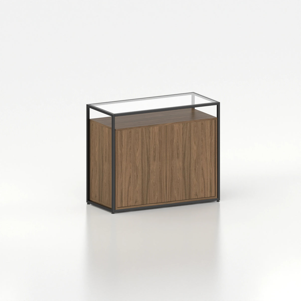 Meuble comptoir vitrine placard plateau verre cadre acier bois magasin — bois chêne foncé et coloris noir