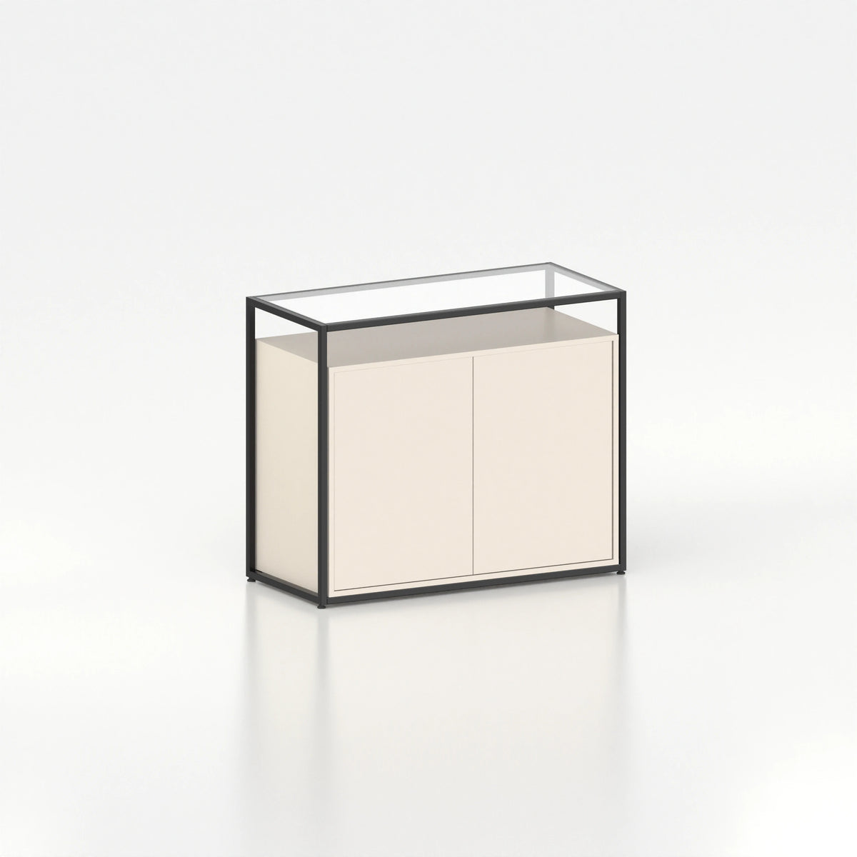 Meuble comptoir vitrine placard plateau verre cadre acier bois magasin — bois beige et coloris noir
