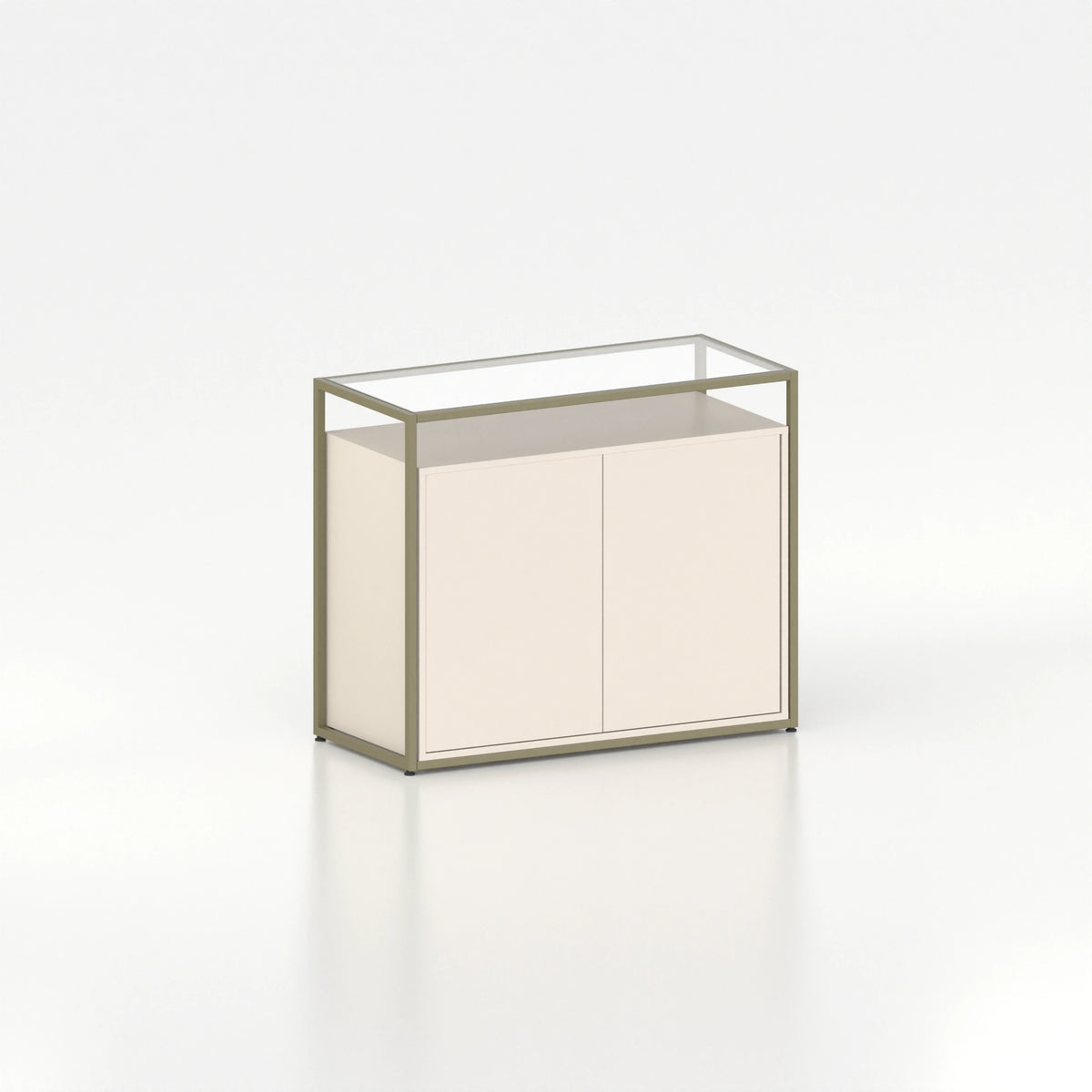 Meuble comptoir vitrine placard plateau verre cadre acier bois magasin — bois beige et coloris vert