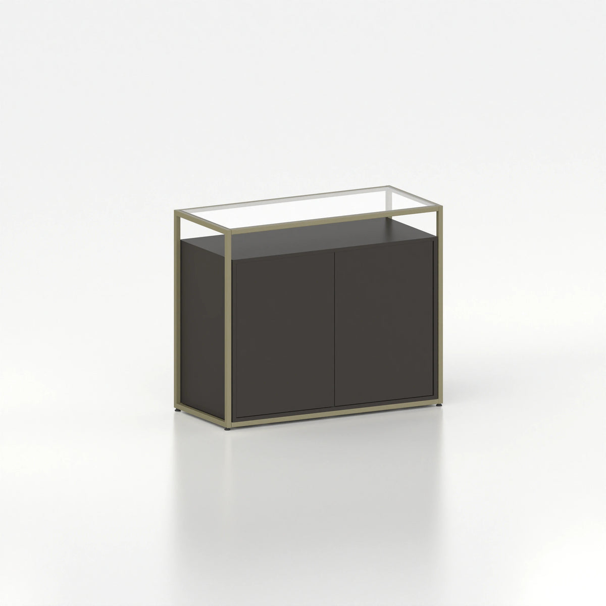 Meuble comptoir vitrine placard plateau verre cadre acier bois magasin — bois noir et coloris vert