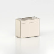 Meuble comptoir vitrine plateau verre chassis acier bois magasin — bois beige et coloris beige