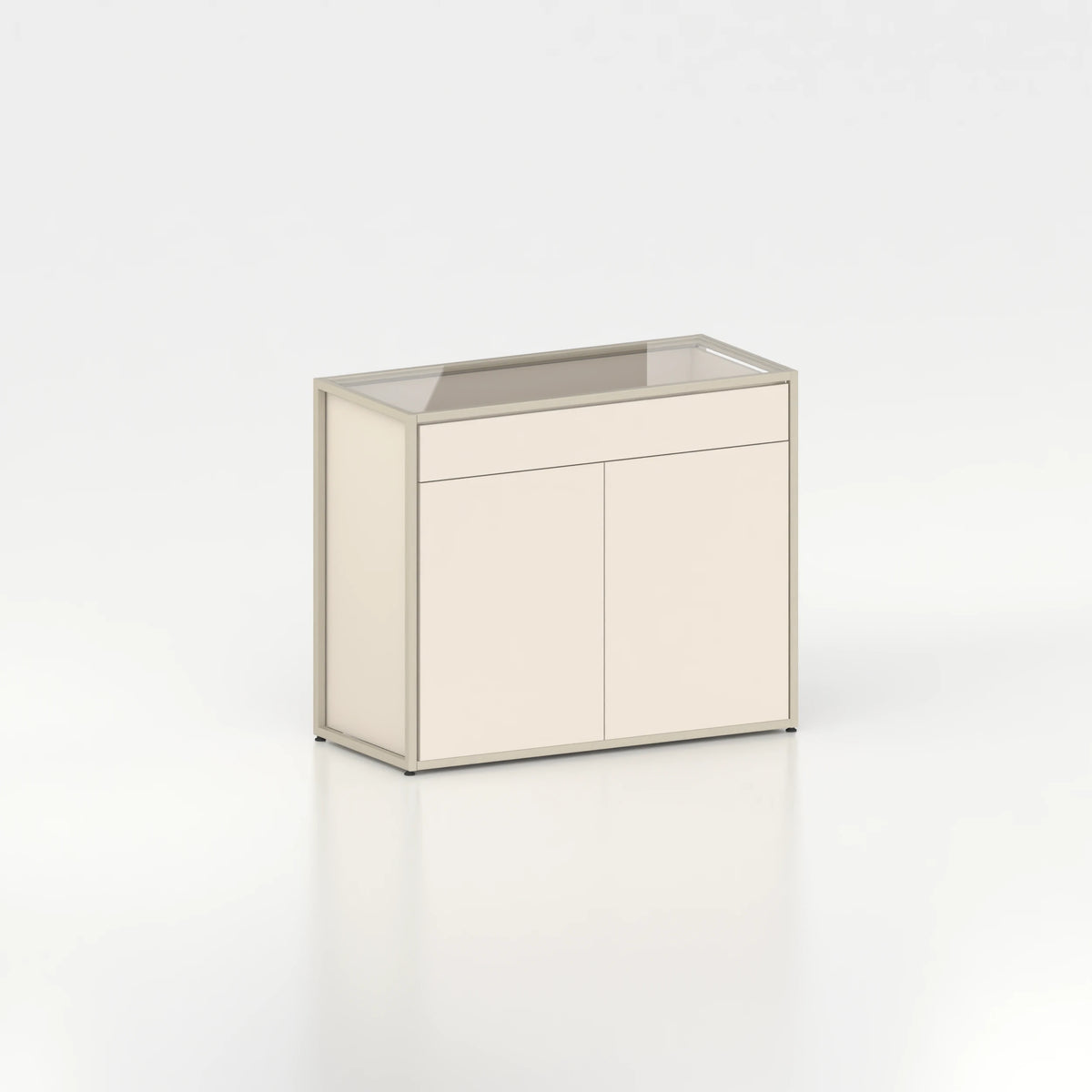 Meuble comptoir vitrine plateau verre chassis acier bois magasin — bois beige et coloris beige