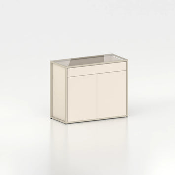 Meuble comptoir vitrine plateau verre chassis acier bois magasin — bois beige et coloris beige