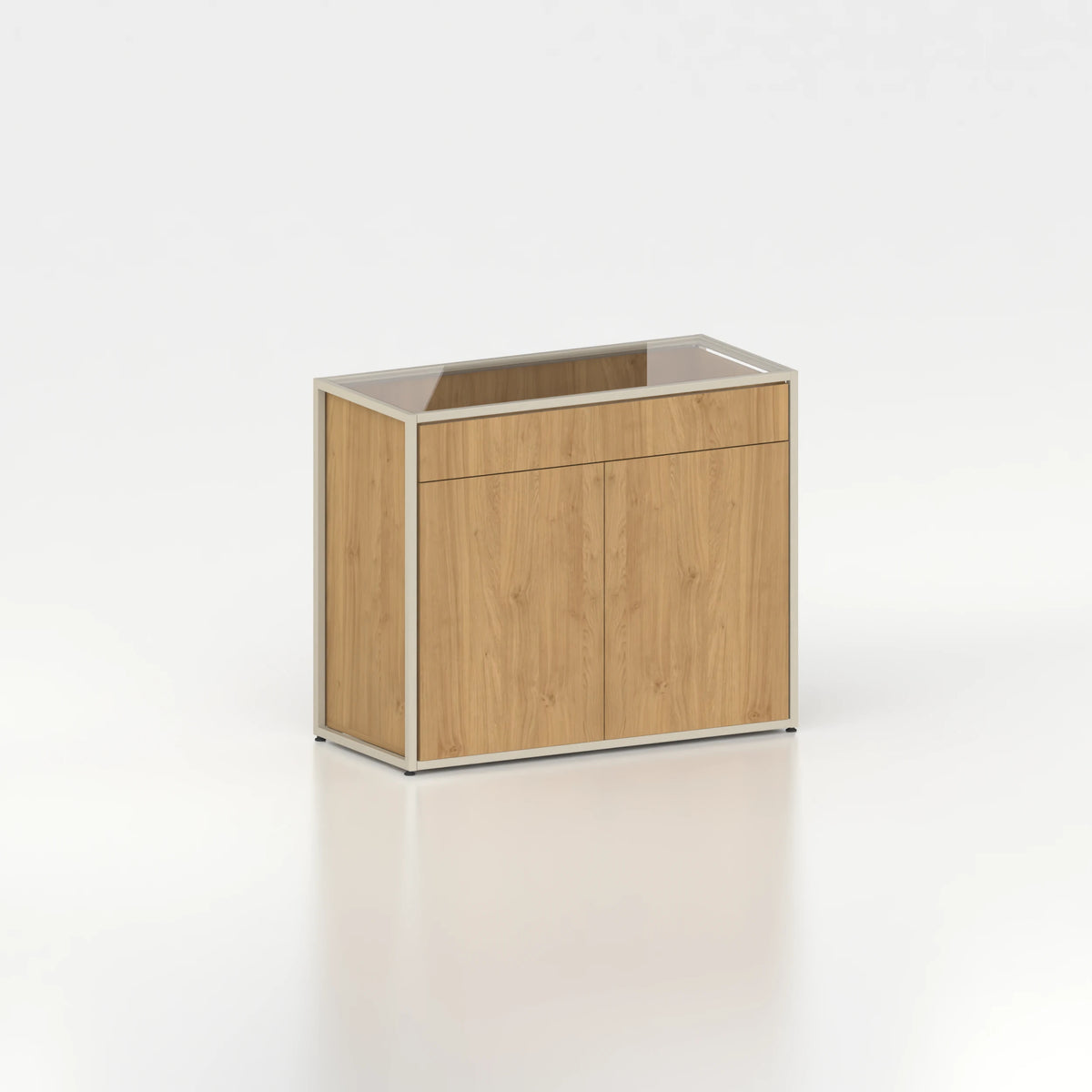 Meuble comptoir vitrine plateau verre chassis acier bois magasin — bois chêne clair et coloris beige