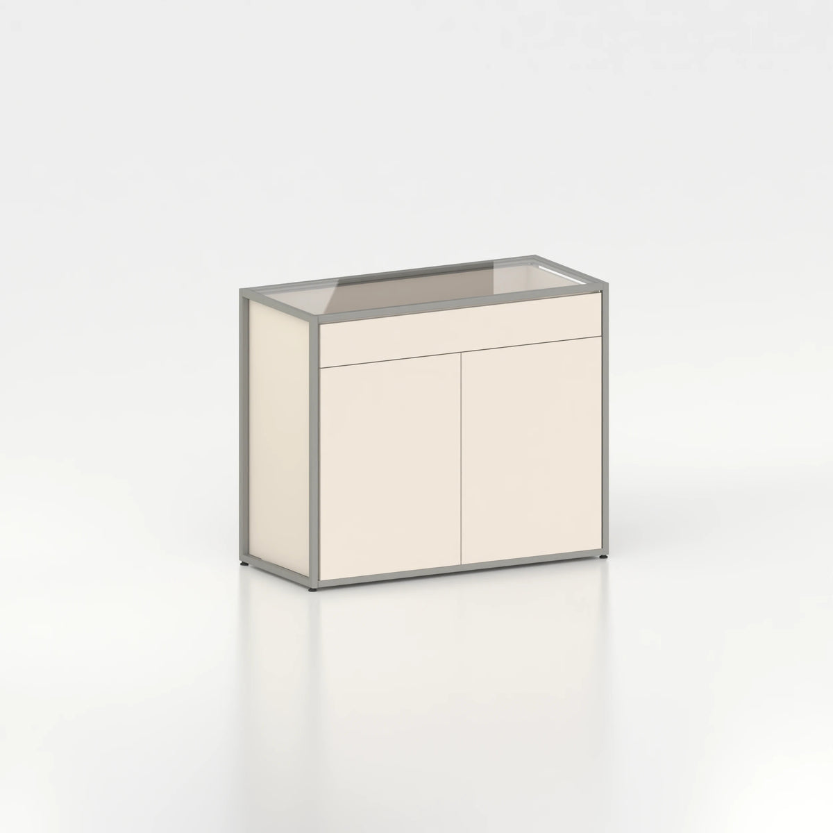 Meuble comptoir vitrine plateau verre chassis acier bois magasin — bois beige et coloris gris