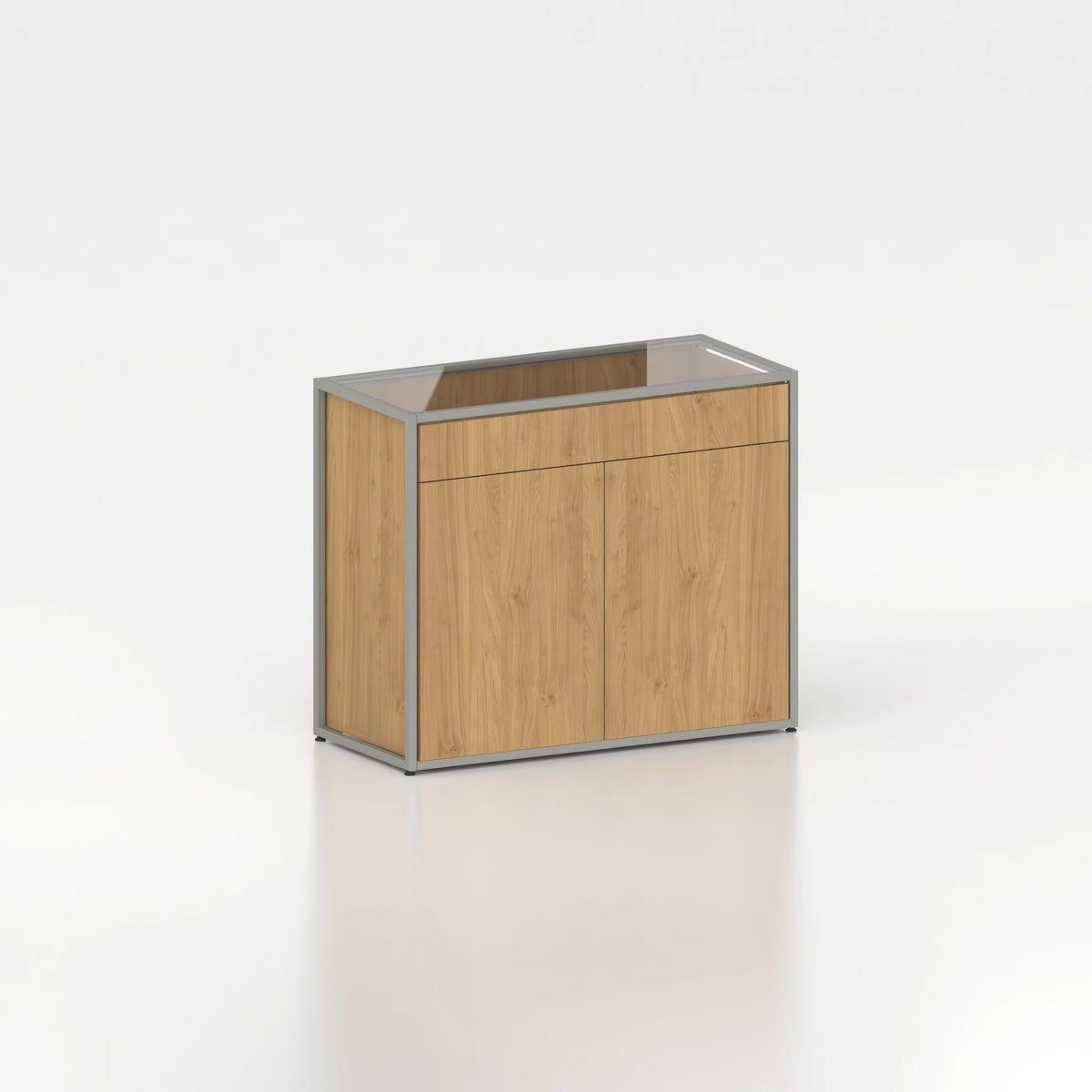 Meuble comptoir vitrine placard plateau verre cadre acier bois magasin — bois chêne clair et coloris gris