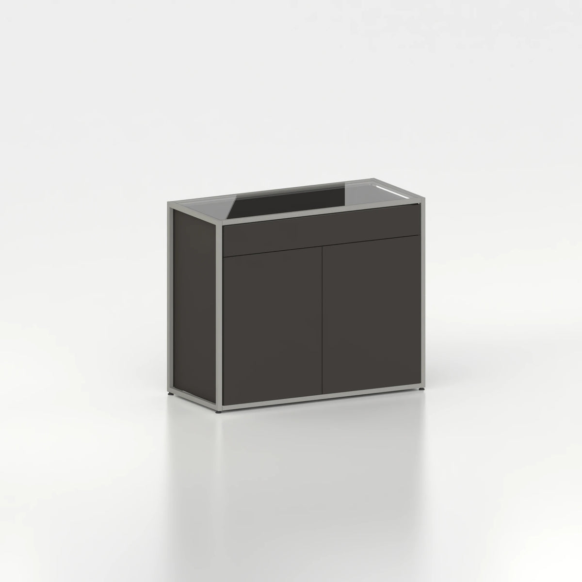 Meuble comptoir vitrine plateau verre chassis acier bois magasin — bois noir et coloris gris