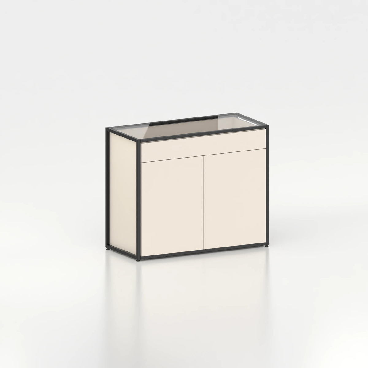 Meuble comptoir vitrine plateau verre chassis acier bois magasin — bois beige et coloris noir
