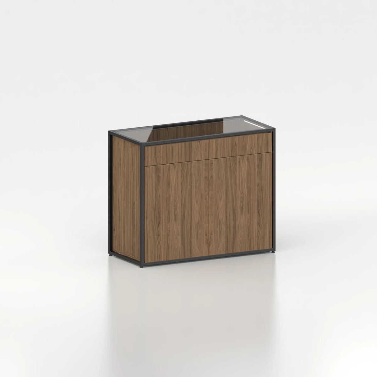 Meuble comptoir vitrine plateau verre chassis acier bois magasin — bois chêne foncé et coloris noir