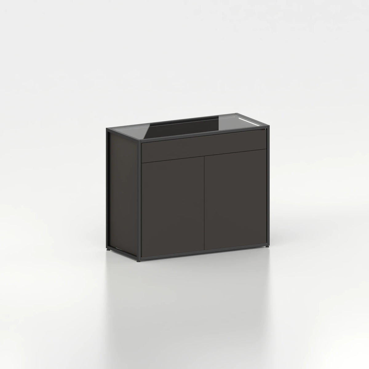 Meuble comptoir vitrine plateau verre chassis acier bois magasin — bois noir et coloris noir