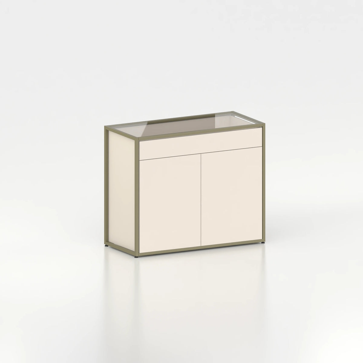 Meuble comptoir vitrine plateau verre chassis acier bois magasin — bois beige et coloris vert