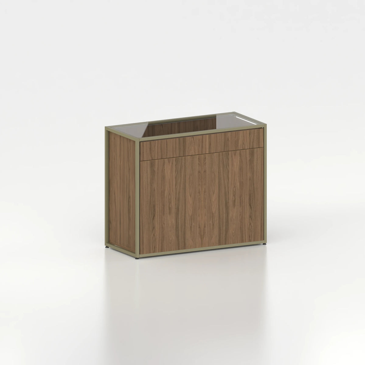 Meuble comptoir vitrine plateau verre chassis acier bois magasin — bois chêne foncé et coloris vert