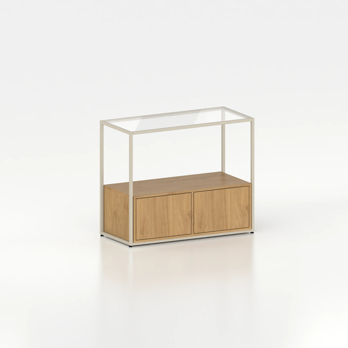 Meuble comptoir vitrine stockage bas plateau verre chassis acier bois magasin — bois chêne clair et coloris beige