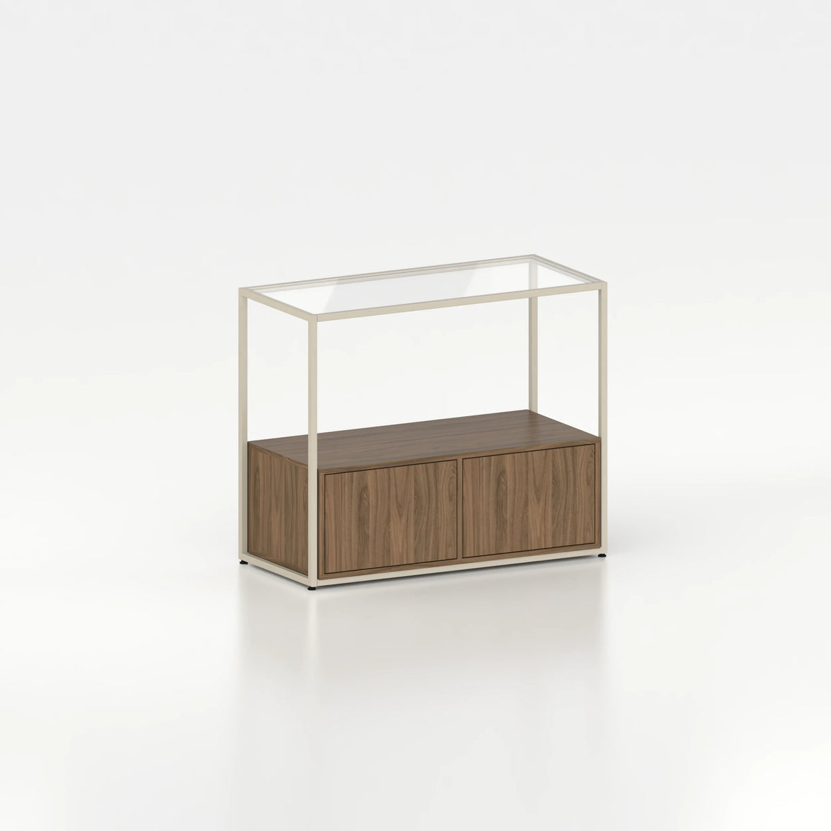Meuble comptoir vitrine stockage bas plateau verre chassis acier bois magasin — bois chêne foncé et coloris beige