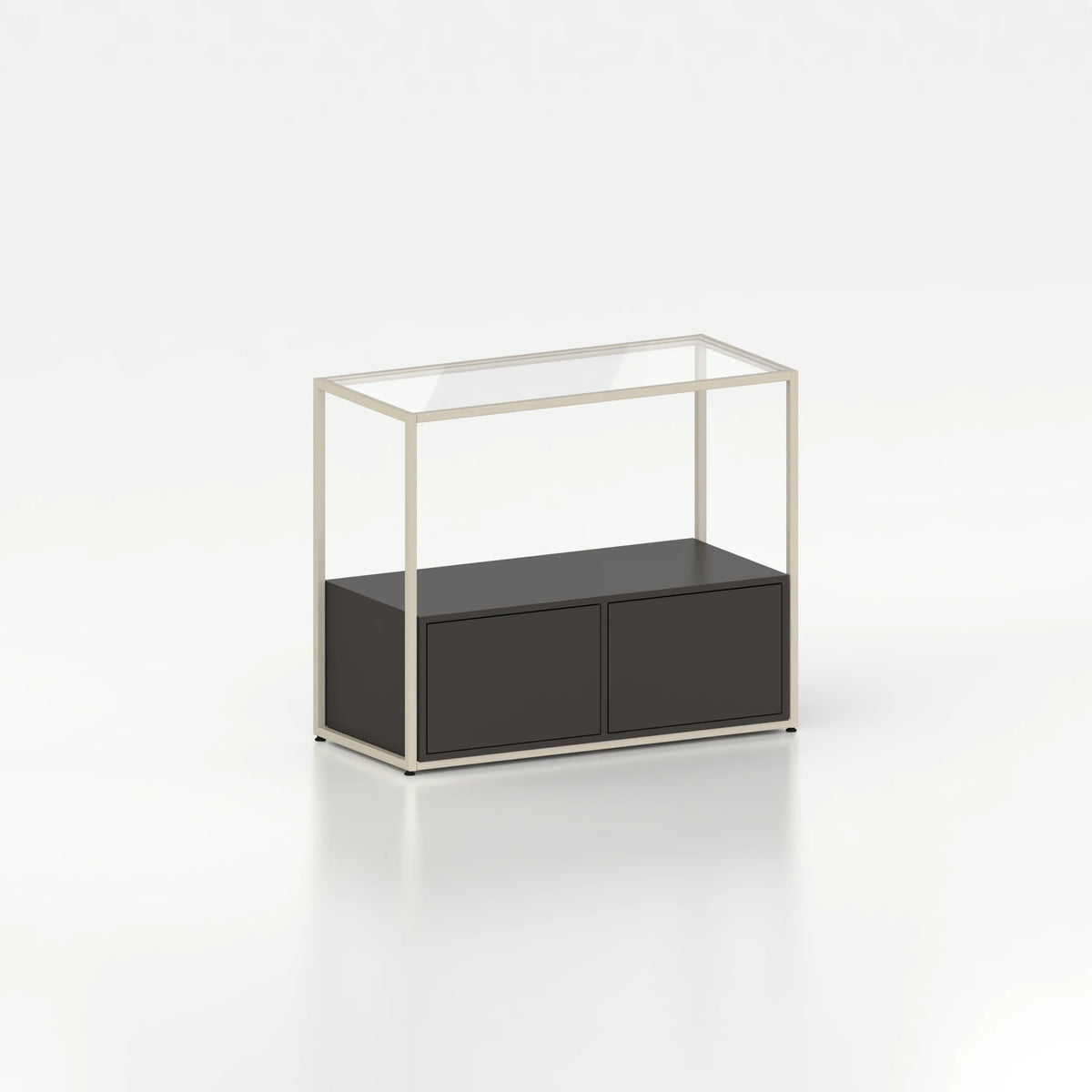 Meuble comptoir vitrine stockage bas plateau verre chassis acier bois magasin — bois noir et coloris beige