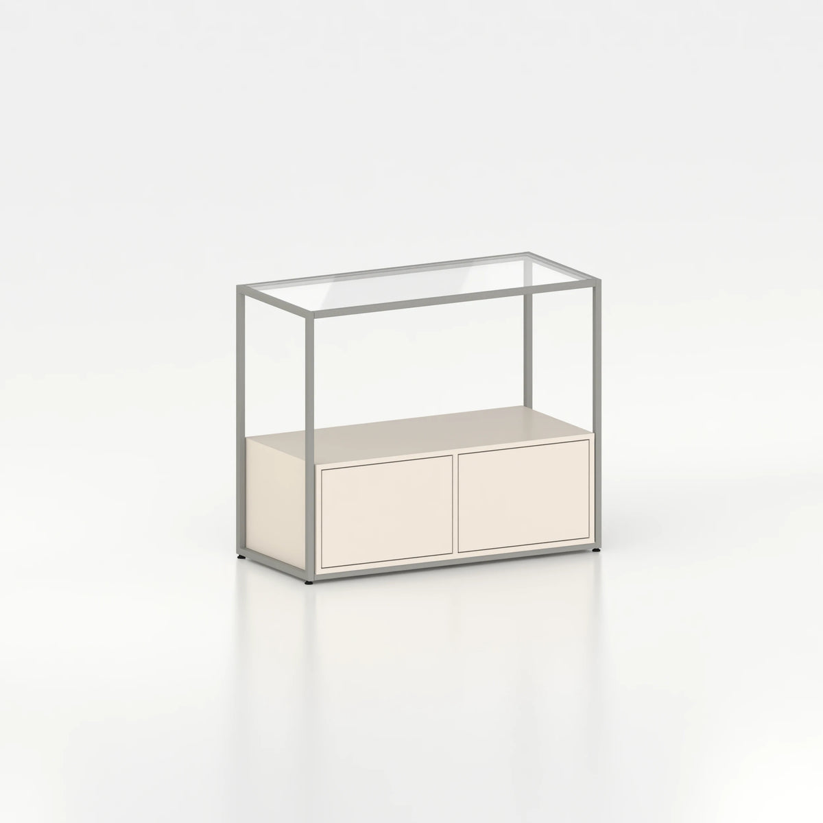 Meuble comptoir vitrine stockage bas plateau verre chassis acier bois magasin — bois beige et coloris gris