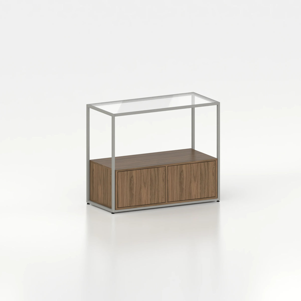 Meuble comptoir vitrine stockage bas plateau verre chassis acier bois magasin — bois chêne foncé et coloris gris