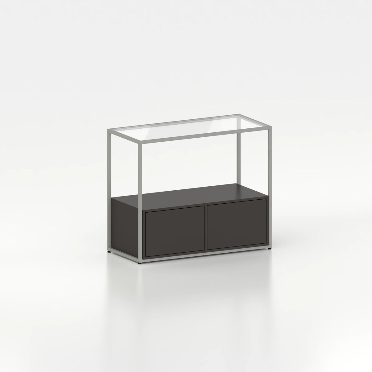 Meuble comptoir vitrine stockage bas plateau verre chassis acier bois magasin — bois noir et coloris gris
