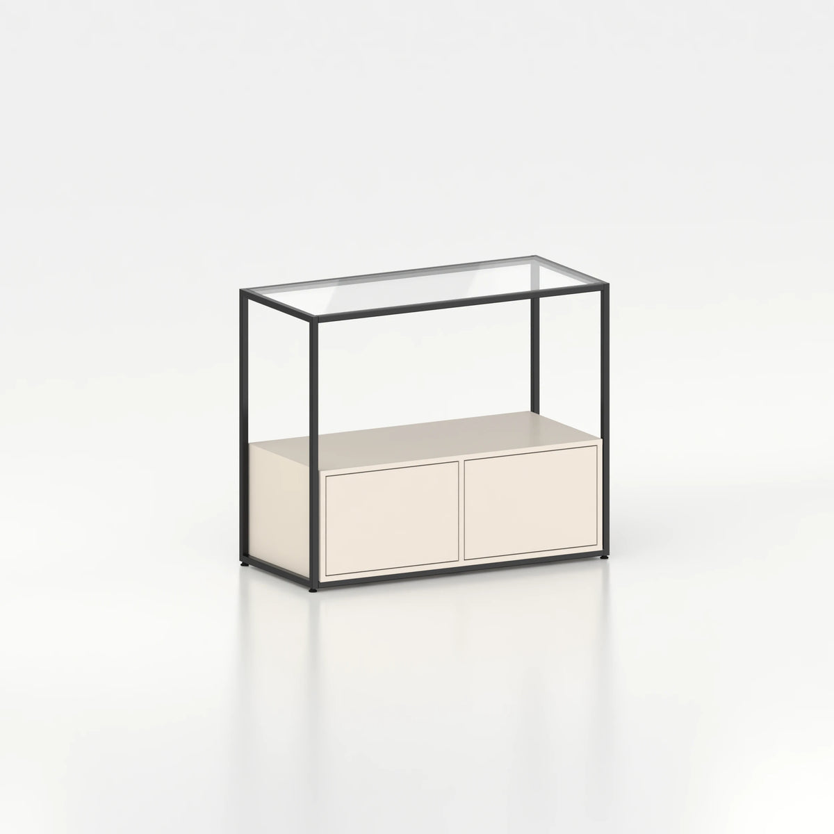 Meuble comptoir vitrine stockage bas plateau verre chassis acier bois magasin — bois beige et coloris noir