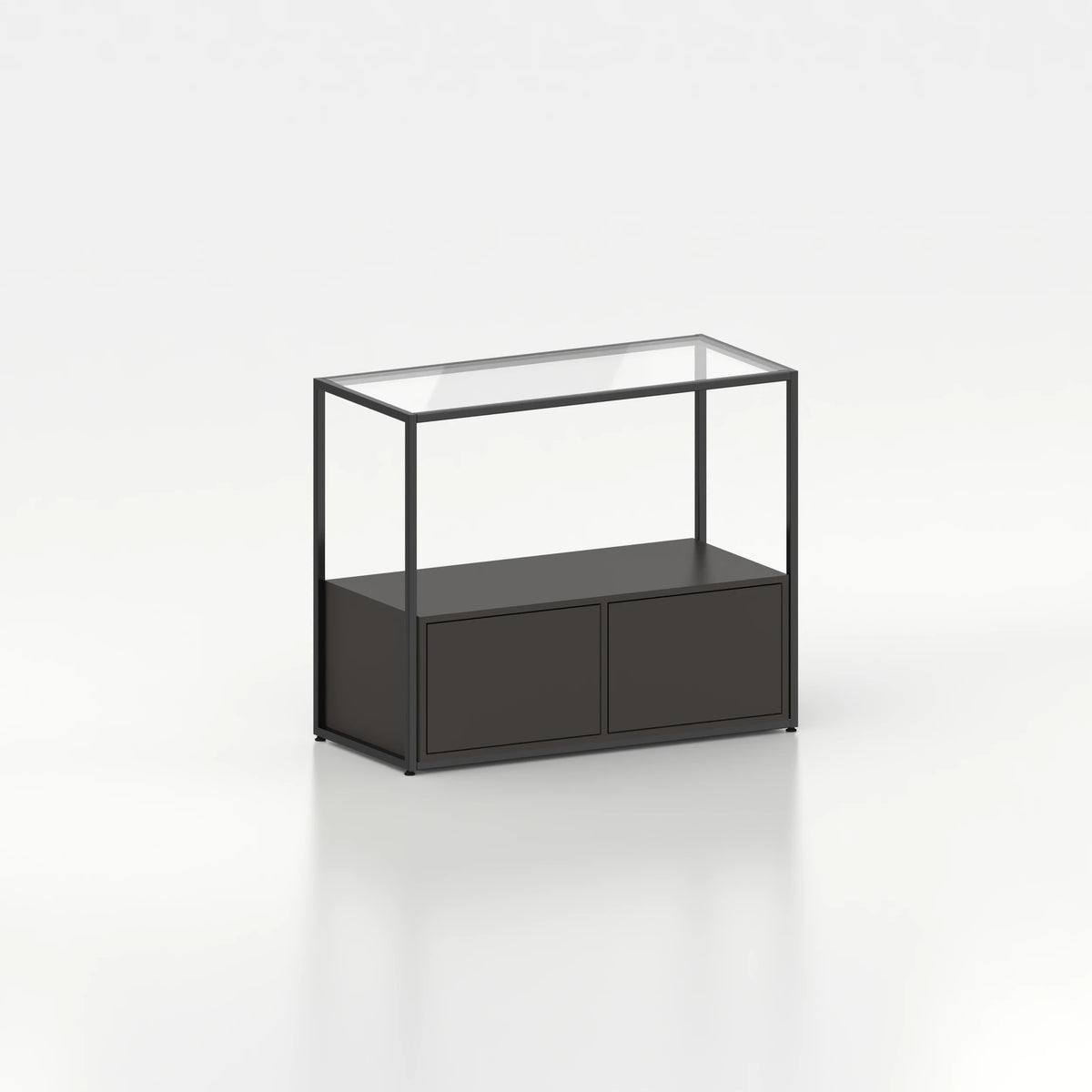 Meuble comptoir vitrine stockage bas plateau verre chassis acier bois magasin — bois noir et coloris noir