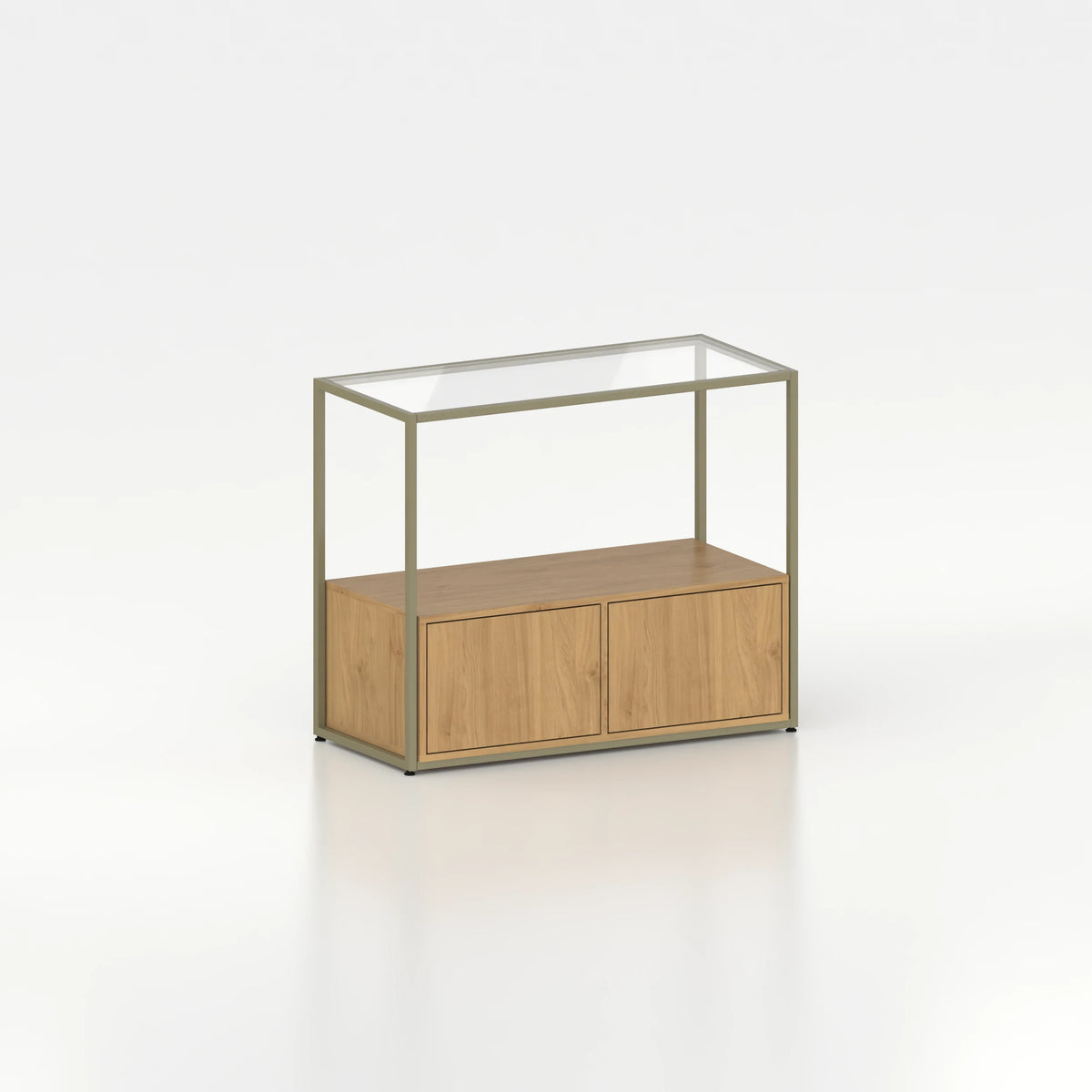 Meuble comptoir vitrine stockage bas plateau verre chassis acier bois magasin — bois chêne clair et coloris vert
