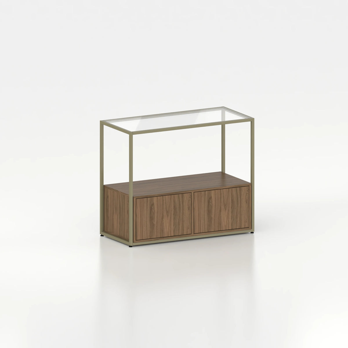 Meuble comptoir vitrine stockage bas plateau verre chassis acier bois magasin — bois chêne foncé et coloris vert