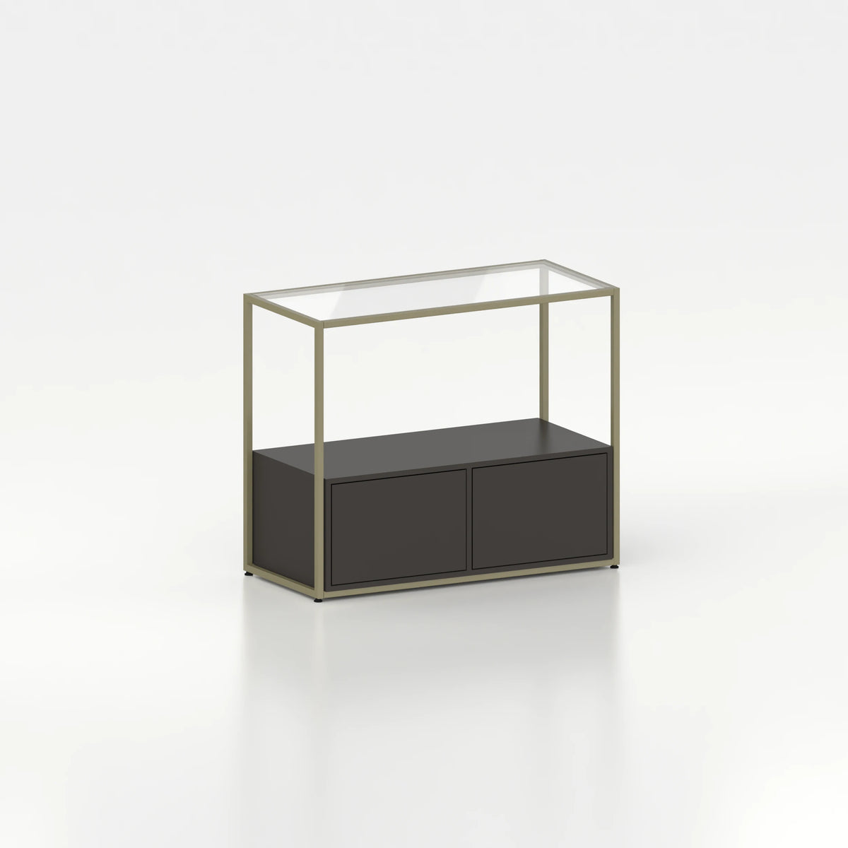 Meuble comptoir vitrine stockage bas plateau verre chassis acier bois magasin — bois noir et coloris vert