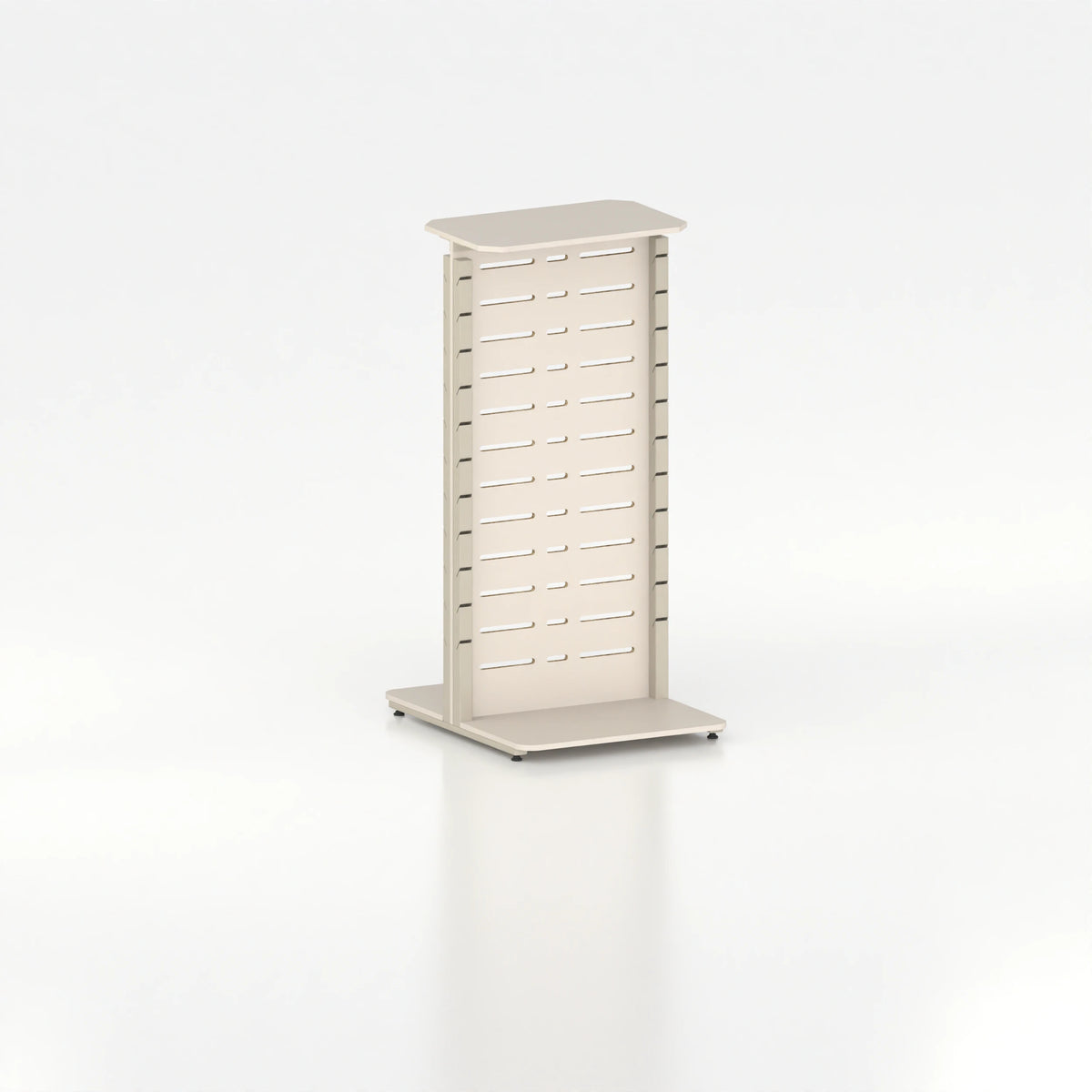 Présentoir display autoportant avec montants Poto et panneau Slatwall pour vitrine — bois blanc et coloris beige