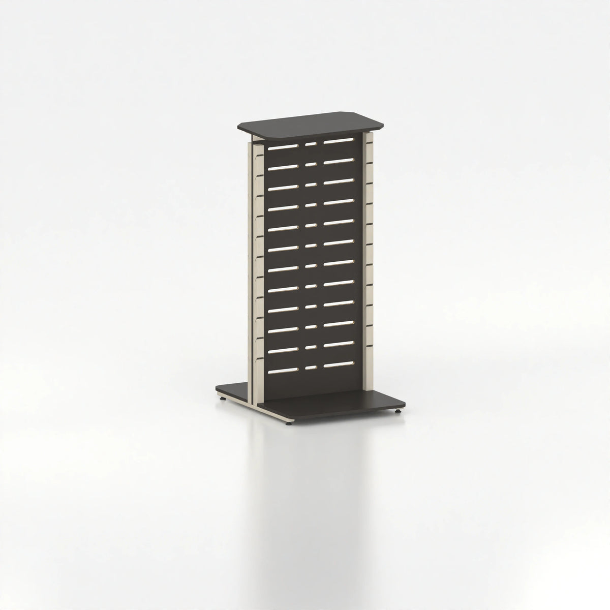 Présentoir display autoportant avec montants Poto et panneau Slatwall pour vitrine — bois noir et coloris beige