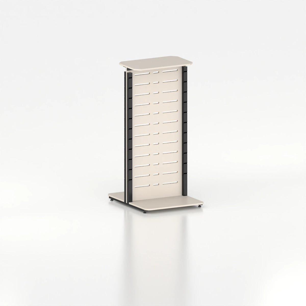 Présentoir display autoportant avec montants Poto et panneau Slatwall pour vitrine — bois blanc et coloris noir