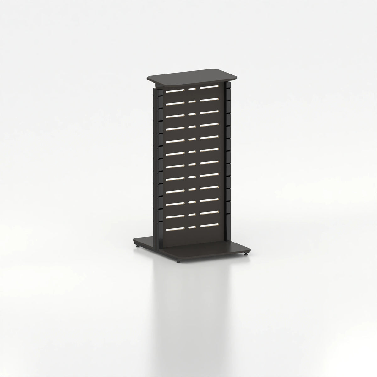 Présentoir display autoportant avec montants Poto et panneau Slatwall pour vitrine — bois noir et coloris noir
