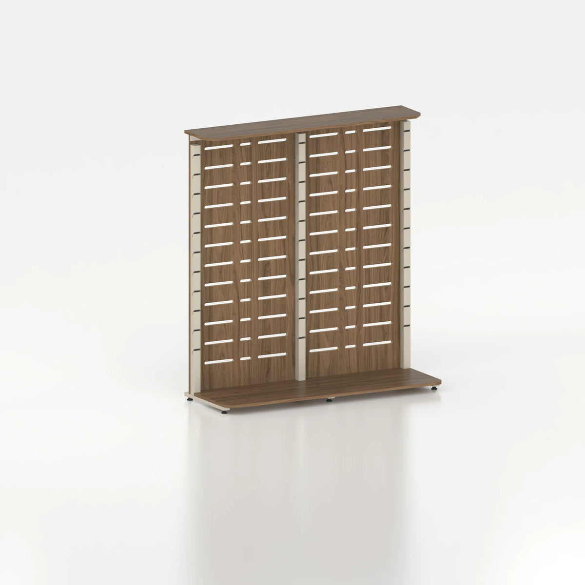 Présentoir display pour îlot central avec montants Poto et panneau Slatwall — bois chêne foncé et coloris beige