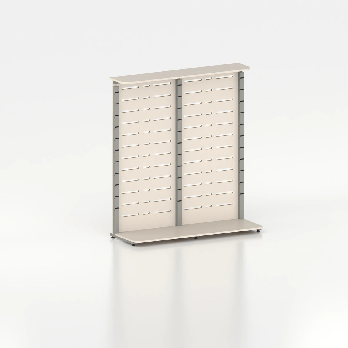 Présentoir display pour îlot central avec montants Poto et panneau Slatwall — bois beige et coloris gris