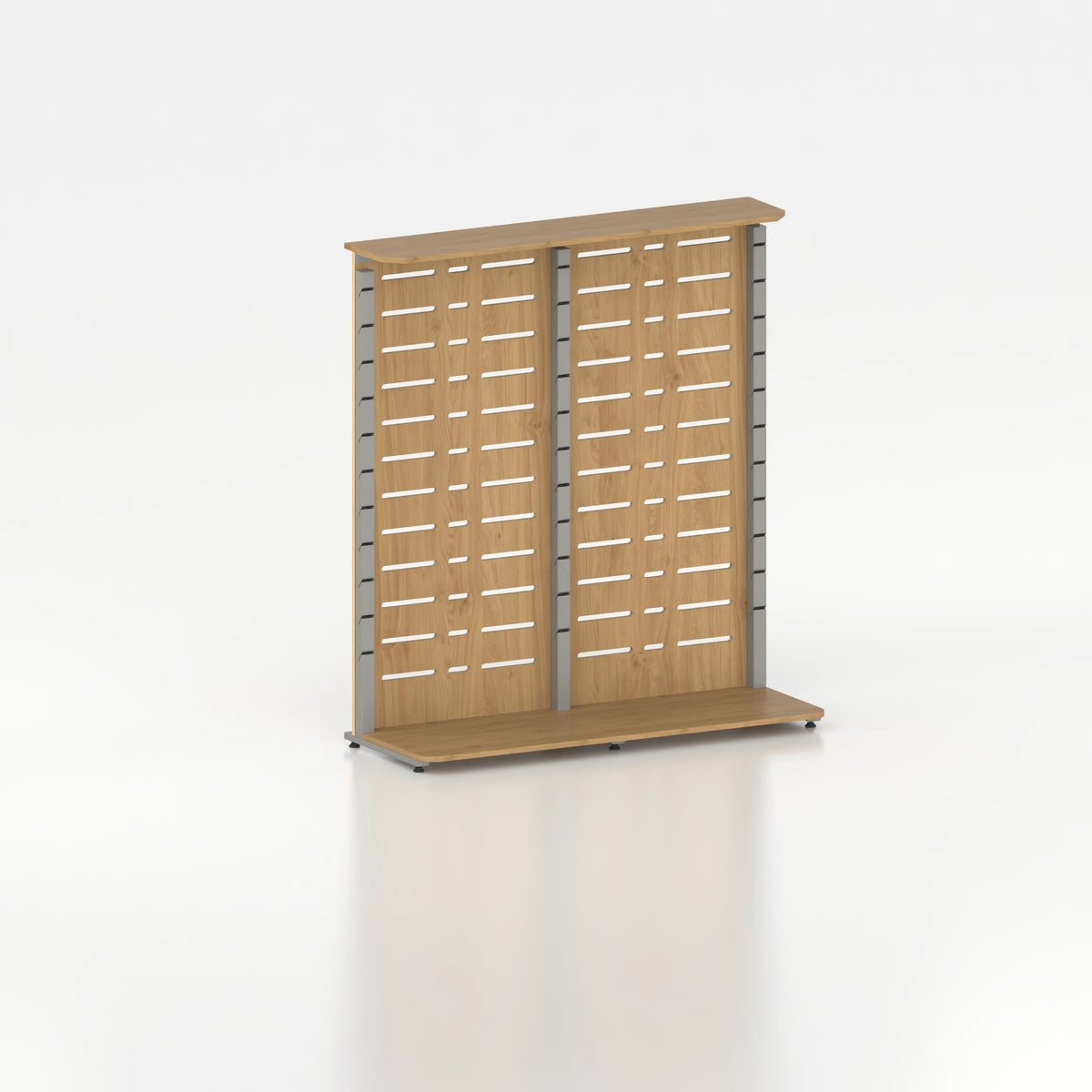 Présentoir display pour îlot central avec montants Poto et panneau Slatwall — bois chêne clair et coloris gris